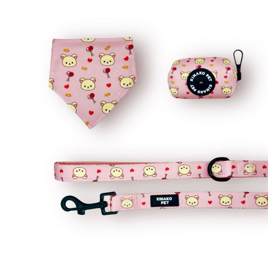 BUNDLE SET - Pink Candy Kuma - Bandana, Leash, Poop Bag Dispenser