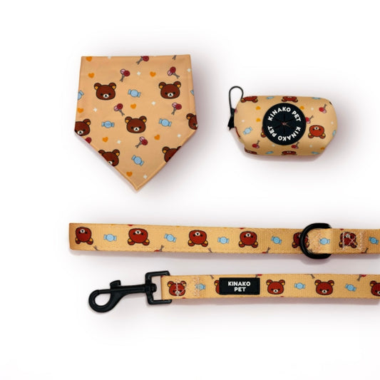 BUNDLE SET - Beige Candy Kuma - Bandana, Leash, Poop Bag Dispenser