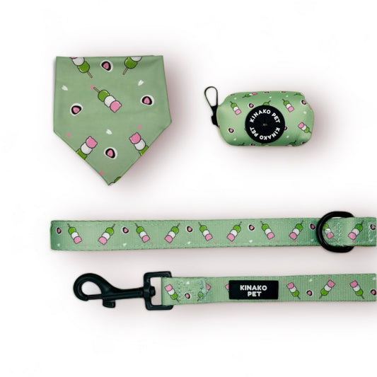 BUNDLE SET - Matcha Dango - Bandana, Leash, Poop Bag Dispenser